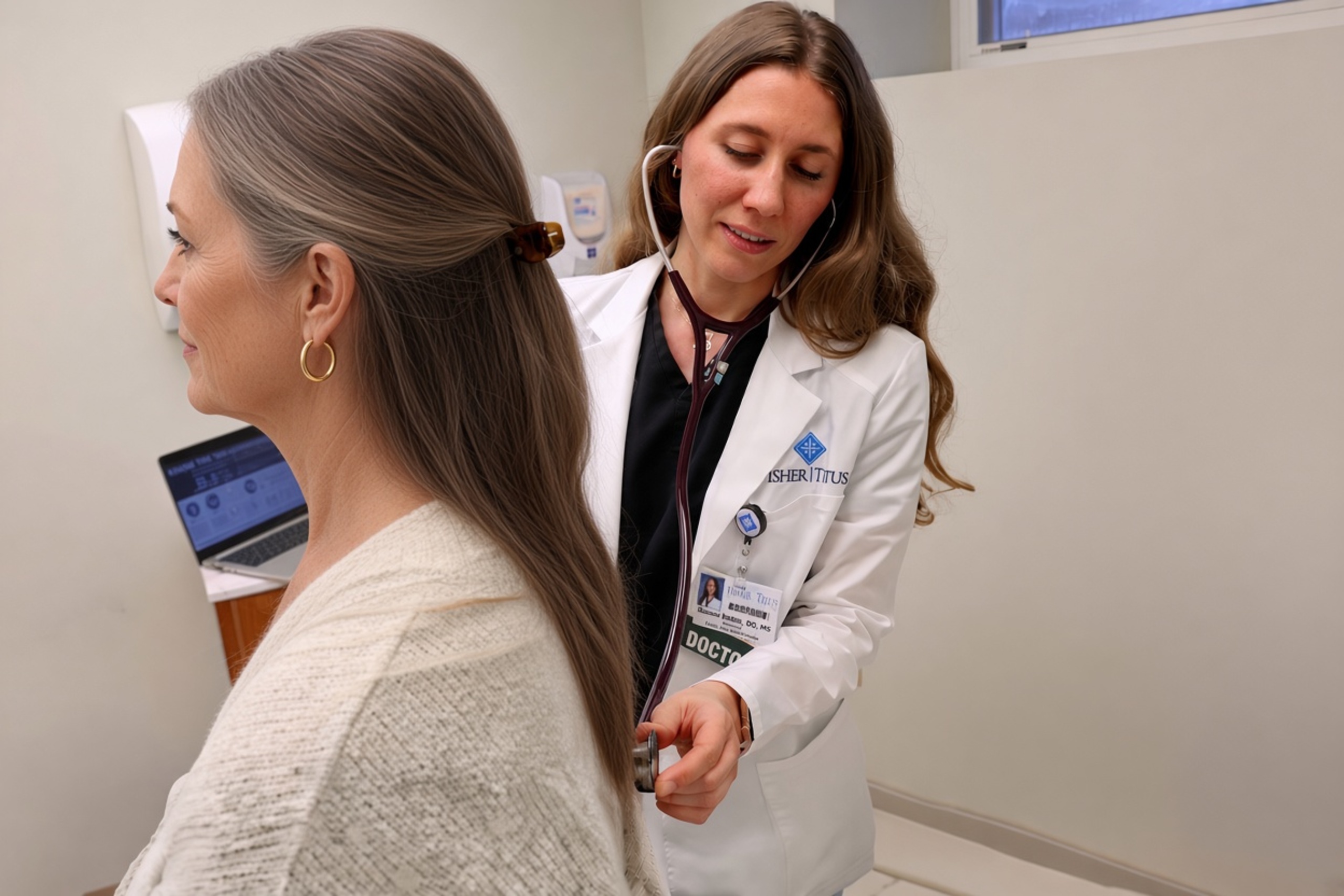 a physician in a white coat listens to a woman's heart with a stethoscope during an office visit